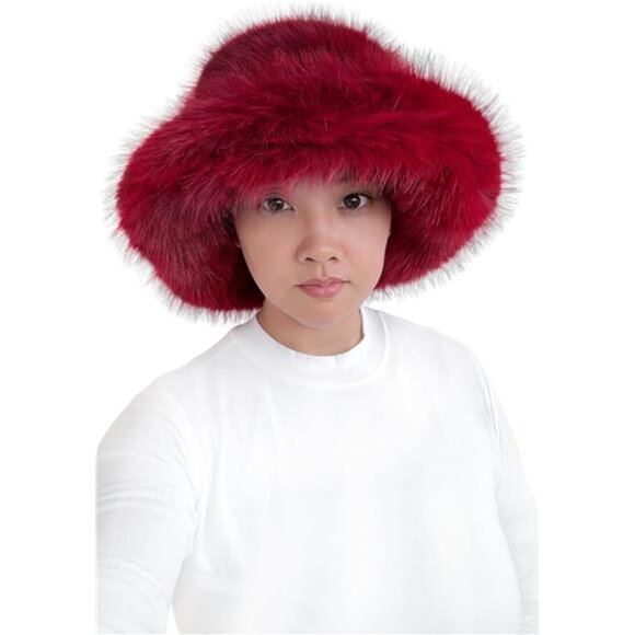 Women\'s Oversized Winter Faux Fur Bucket Hat Long Pile Fur Wide, Dark Red